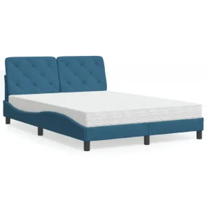 Bed met multiplex lattenbodem en 22d PU-schuim in blauw materiaal