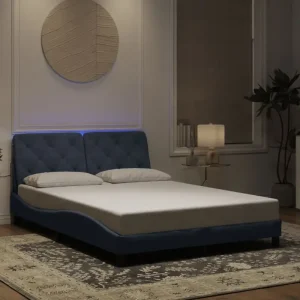 Donkergrijs bedframe met LED-verlichting en multiplex lattenbodem