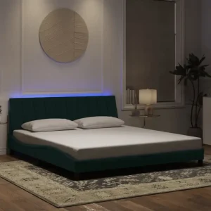 Donkergroen bedframe met LED-verlichting en multiplex lattenbodem